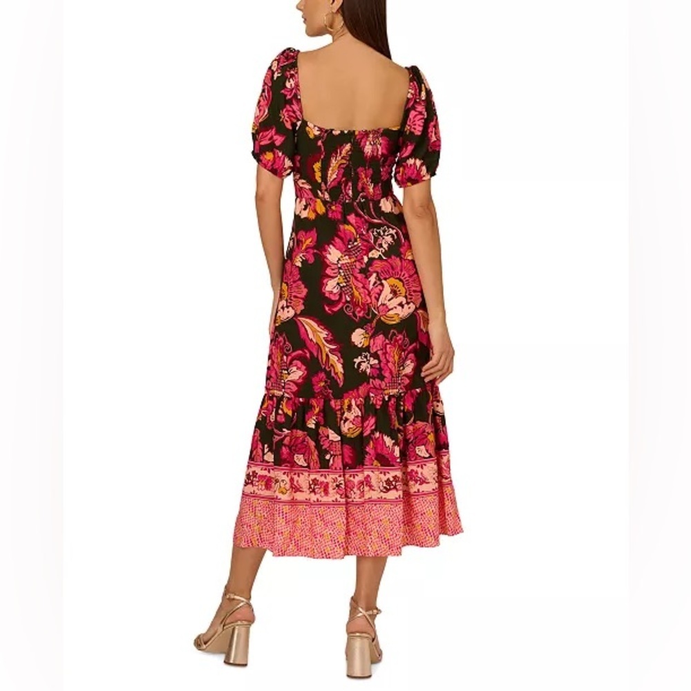 Adrianna Papell Floral Puff Sleeve Midi Dress Pink Black Sweetheart Neck NWT 6 - Picture 2 of 11
